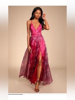 Lulus Romance That Wows Magenta Floral Print Organza Maxi Dress Size XS